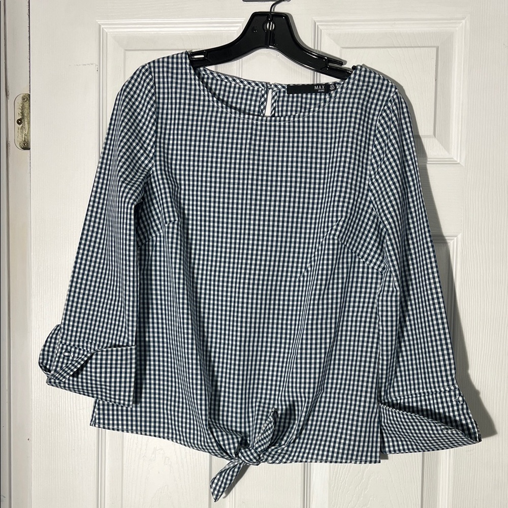 Max Jeans Navy Checkered Tie-Front Blouse